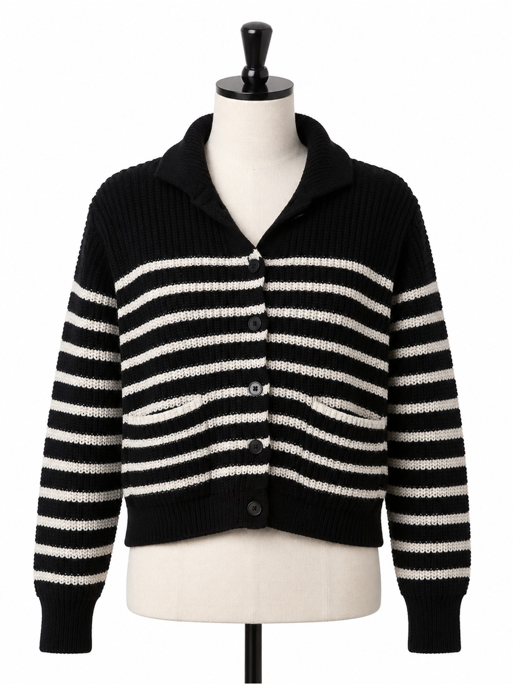 Madewell Black & White Striped Button-Front Cardigan Sweater